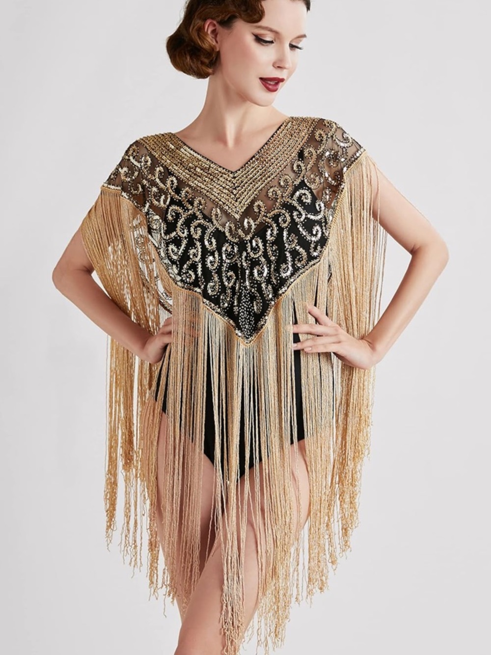 1920s Sequin Long Fringed Shawl Cape Gatsby Roaring 20s Party